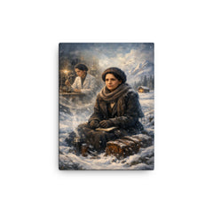 Lise Meitner in snowy exile reflection canvas print on a plain backdrop in size 12"x16".