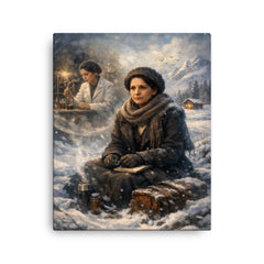 Lise Meitner in snowy exile reflection canvas print on a plain backdrop in size 16"x20".
