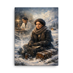 Lise Meitner in snowy exile reflection canvas print on a plain backdrop in size 18"x24".