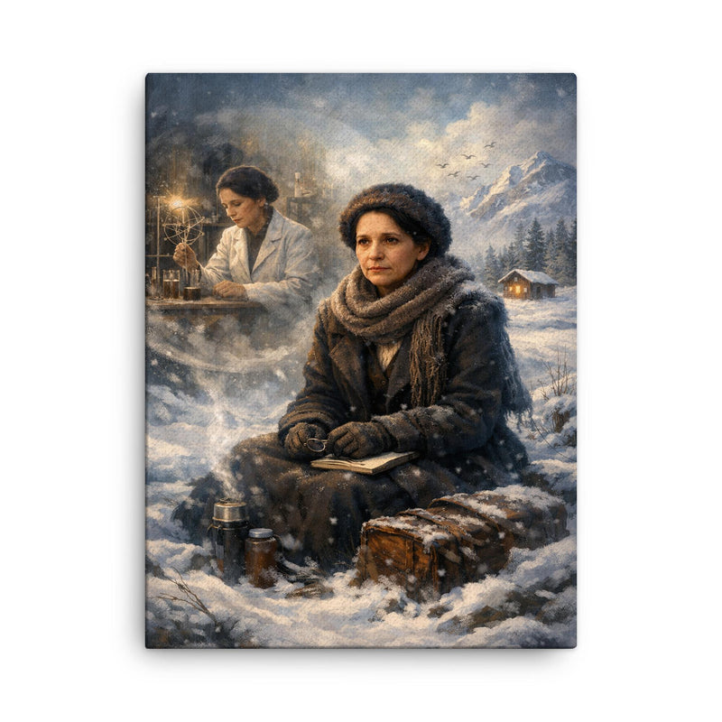 Lise Meitner in snowy exile reflection canvas print on a plain backdrop in size 18