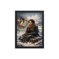 Lise Meitner in snowy exile reflection framed print on a plain backdrop in size 12"x16".