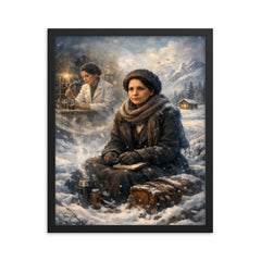 Lise Meitner in snowy exile reflection framed print on a plain backdrop in size 16"x20".