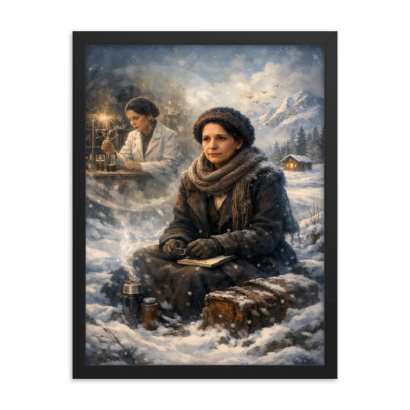 Lise Meitner in snowy exile reflection framed print on a plain backdrop in size 18