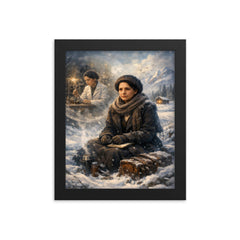 Lise Meitner in snowy exile reflection framed print on a plain backdrop in size 8"x10".