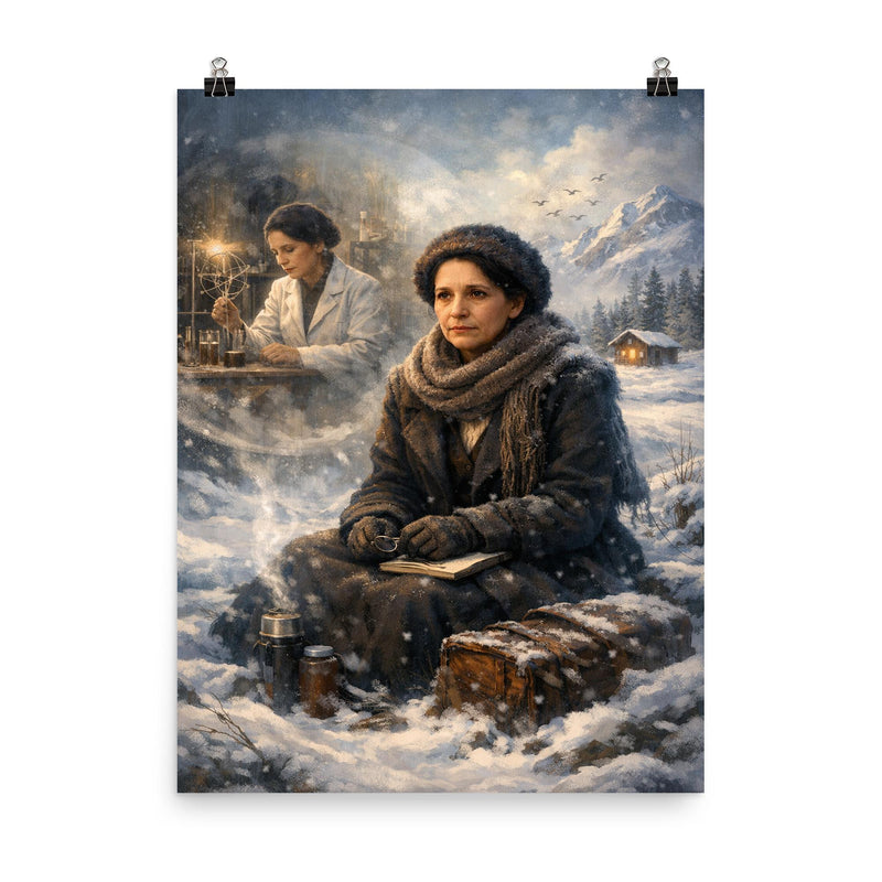 Lise Meitner in snowy exile reflection poster on a plain backdrop in size 8