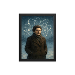 Lise Meitner in snowy exile with atom sketches framed print on a plain backdrop in size 12"x16".