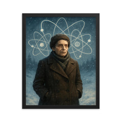 Lise Meitner in snowy exile with atom sketches framed print on a plain backdrop in size 16"x20".