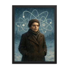 Lise Meitner in snowy exile with atom sketches framed print on a plain backdrop in size 18"x24".