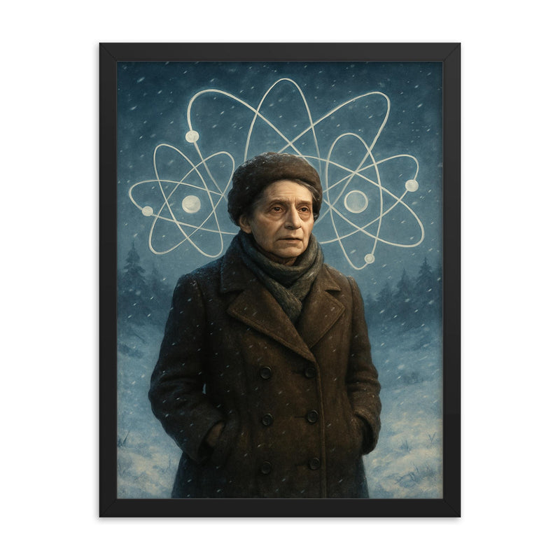 Lise Meitner in snowy exile with atom sketches framed print on a plain backdrop in size 18