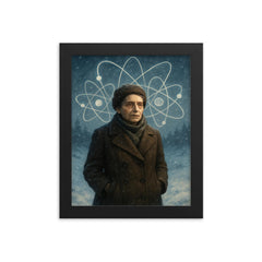 Lise Meitner in snowy exile with atom sketches framed print on a plain backdrop in size 8"x10".