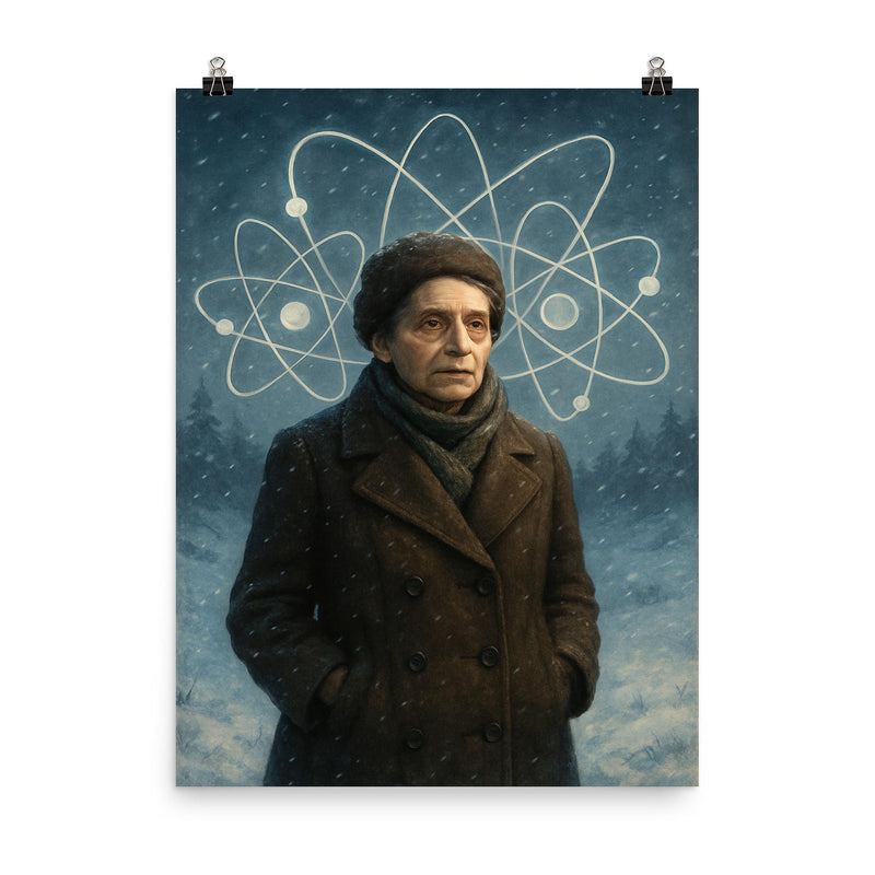 Lise Meitner in snowy exile with atom sketches poster on a plain backdrop in size 8