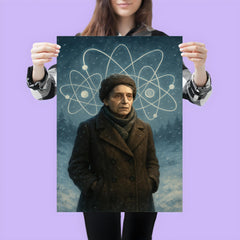 Lise Meitner in snowy exile with atom sketches poster 3
