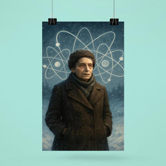 Lise Meitner in snowy exile with atom sketches poster 6