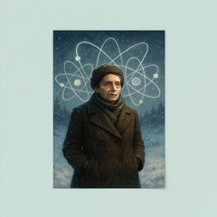 Lise Meitner in snowy exile with atom sketches poster 8