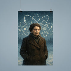 Lise Meitner in snowy exile with atom sketches poster 9