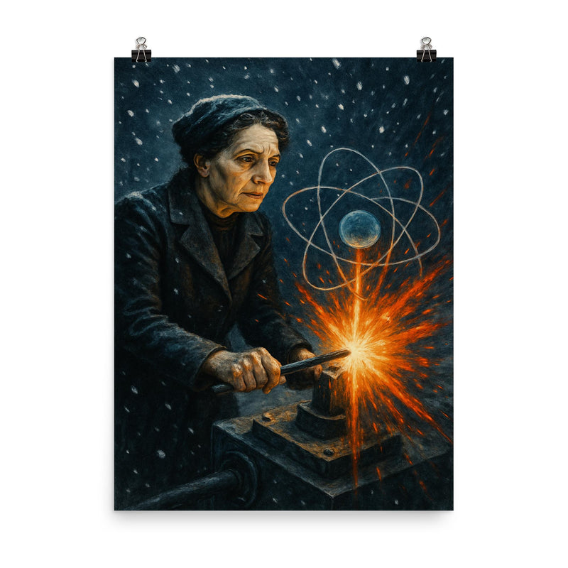 Lise Meitner splitting the atom in snowfall poster on a plain backdrop in size 8
