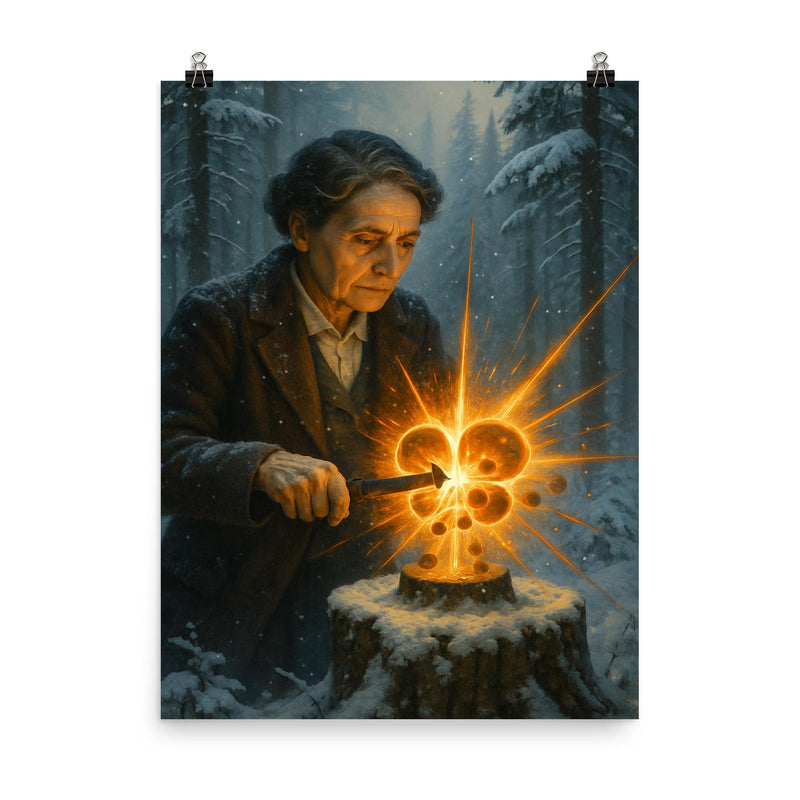 Lise Meitner splitting the atom in winter forest poster on a plain backdrop in size 8