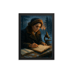 Lise Meitner winter exile calculating nuclear fission framed print on a plain backdrop in size 12"x16".