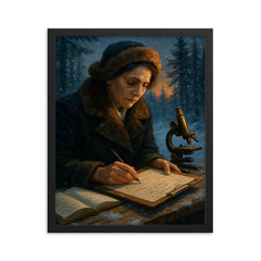 Lise Meitner winter exile calculating nuclear fission framed print on a plain backdrop in size 16"x20".