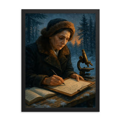 Lise Meitner winter exile calculating nuclear fission framed print on a plain backdrop in size 18"x24".