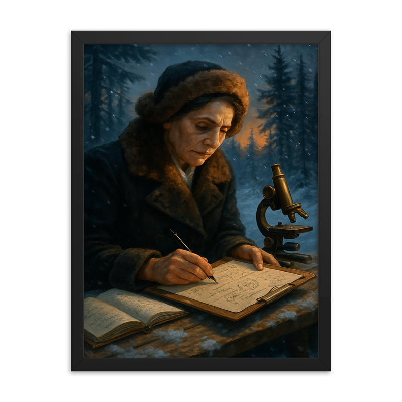 Lise Meitner winter exile calculating nuclear fission framed print on a plain backdrop in size 18