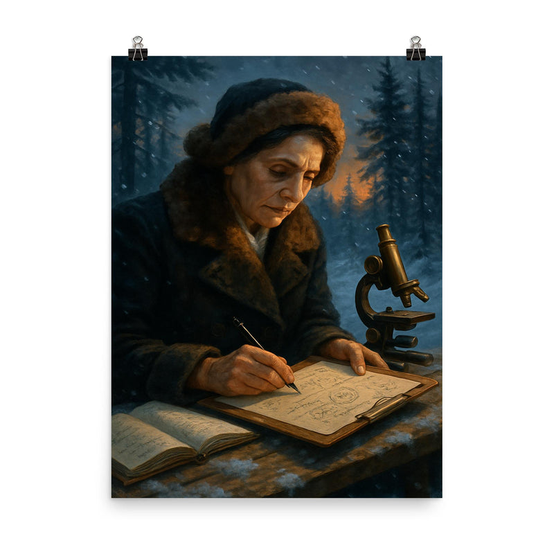 Lise Meitner winter exile calculating nuclear fission poster on a plain backdrop in size 8