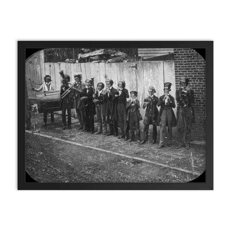 Little German Band Playing on the Streets of St. Louis, 1850 framed print on a plain backdrop in size 18