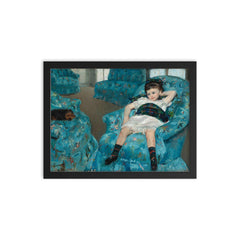 Little Girl in Blue Arm Chair by Mary Cassatt, 1878 framed print on a plain backdrop in size 12"x16".