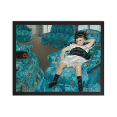 Little Girl in Blue Arm Chair by Mary Cassatt, 1878 framed print on a plain backdrop in size 16"x20".