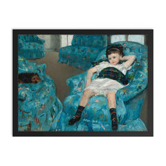 Little Girl in Blue Arm Chair by Mary Cassatt, 1878 framed print on a plain backdrop in size 18"x24".