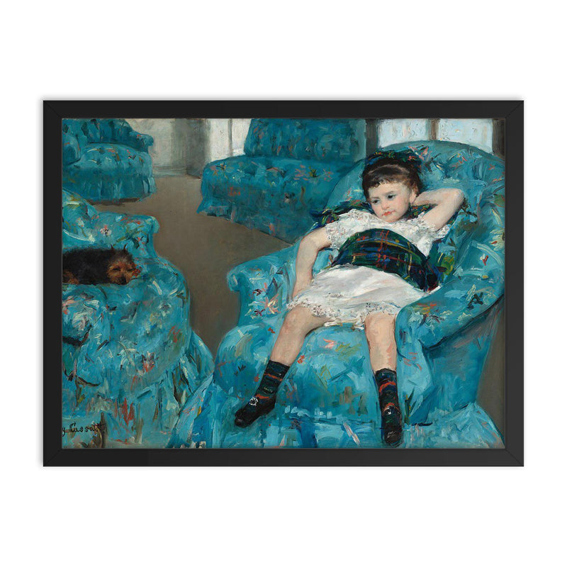 Little Girl in Blue Arm Chair by Mary Cassatt, 1878 framed print on a plain backdrop in size 18