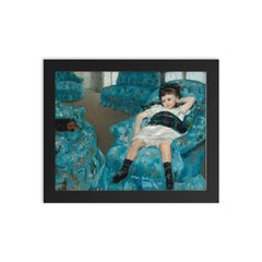 Little Girl in Blue Arm Chair by Mary Cassatt, 1878 framed print on a plain backdrop in size 8"x10".