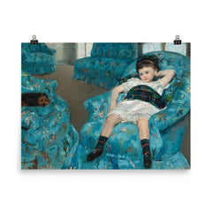 Little Girl in Blue Arm Chair by Mary Cassatt, 1878 poster on a plain backdrop in size 8"x10".
