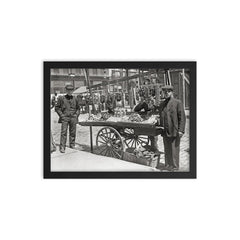 Little Italy food cart - young men selling food from a cart in Little Italy, New York City, 1908 framed print on a plain backdrop in size 12"x16".