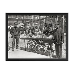 Little Italy food cart - young men selling food from a cart in Little Italy, New York City, 1908 framed print on a plain backdrop in size 18"x24".