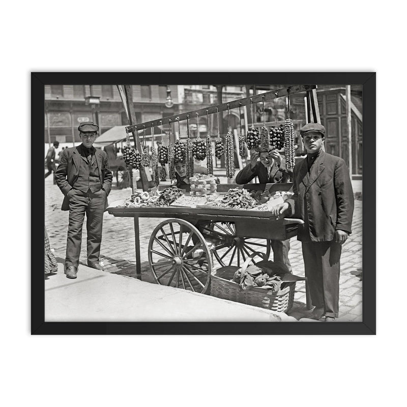 Little Italy food cart - young men selling food from a cart in Little Italy, New York City, 1908 framed print on a plain backdrop in size 18