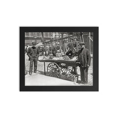 Little Italy food cart - young men selling food from a cart in Little Italy, New York City, 1908 framed print on a plain backdrop in size 8"x10".