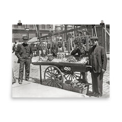 Little Italy food cart - young men selling food from a cart in Little Italy, New York City, 1908 poster on a plain backdrop in size 8"x10".