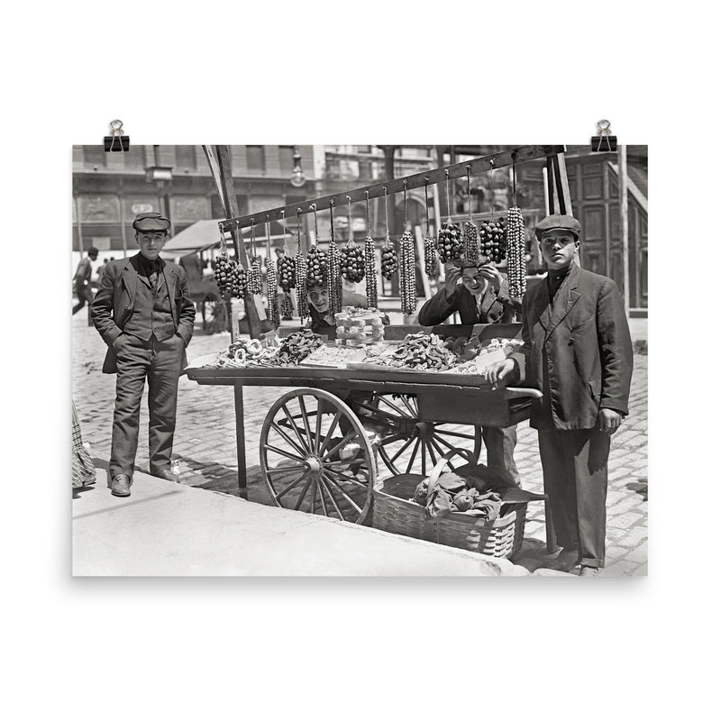 Little Italy food cart - young men selling food from a cart in Little Italy, New York City, 1908 poster on a plain backdrop in size 8