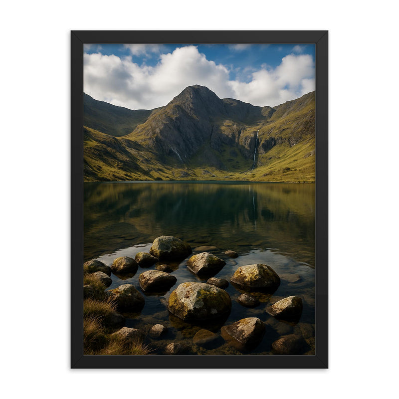 Llyn Idwal and Devil's Kitchen Wales framed print on a plain backdrop in size 18