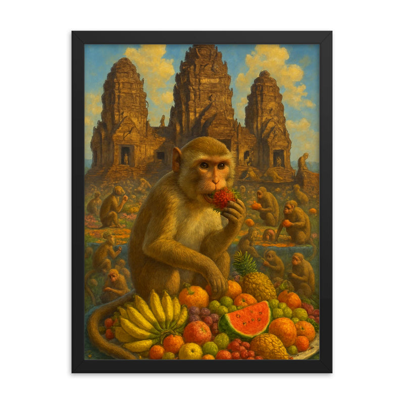 Lopburi Monkey Buffet Festival Thailand framed print on a plain backdrop in size 18