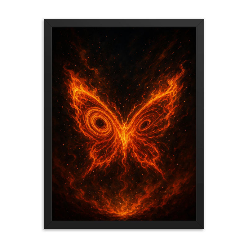 Lorenz attractor as flaming butterfly chaos framed print on a plain backdrop in size 18