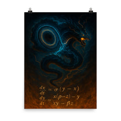 Lorenz attractor as storm serpent above equations poster on a plain backdrop in size 8"x10".
