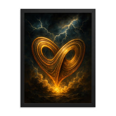Lorenz attractor forged from storm and brass framed print on a plain backdrop in size 18"x24".