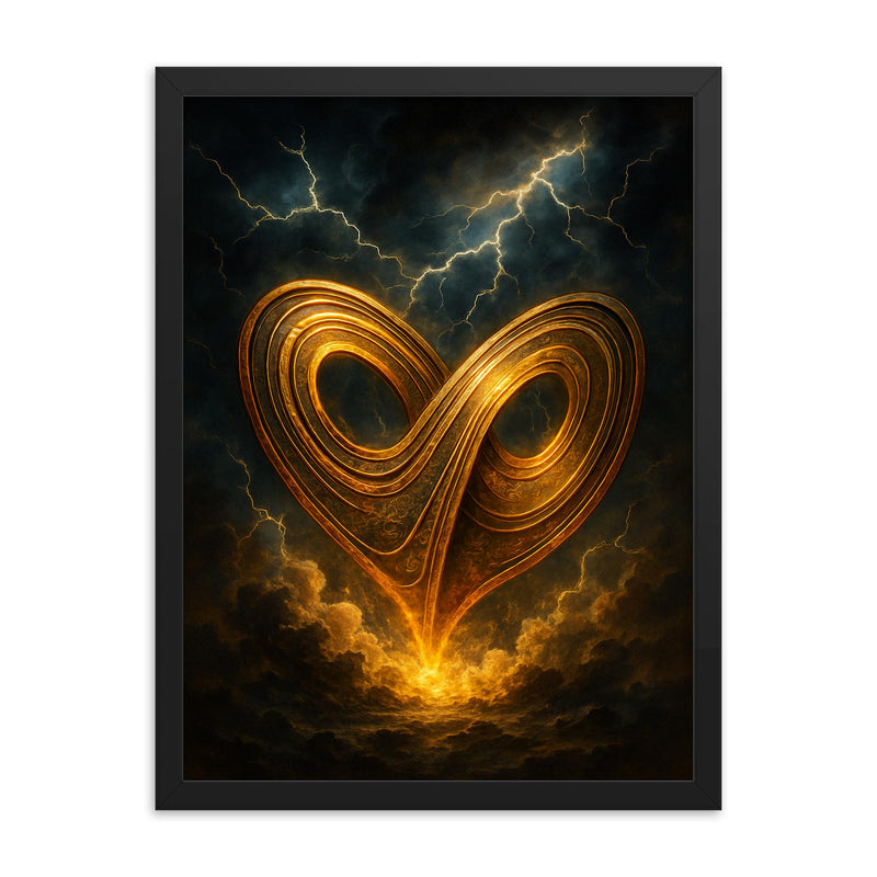 Lorenz attractor forged from storm and brass framed print on a plain backdrop in size 18