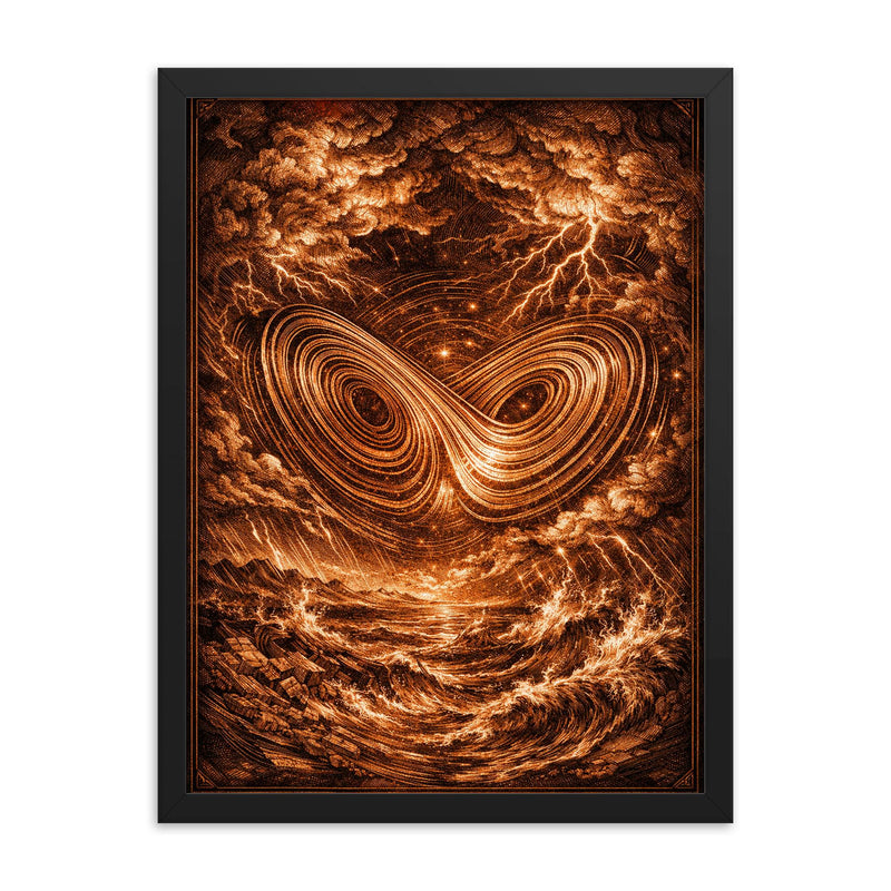 Lorenz attractor in tempestuous copper engraving style framed print on a plain backdrop in size 18