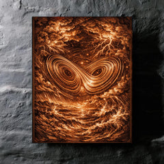Lorenz attractor in tempestuous copper engraving style metal print mockup