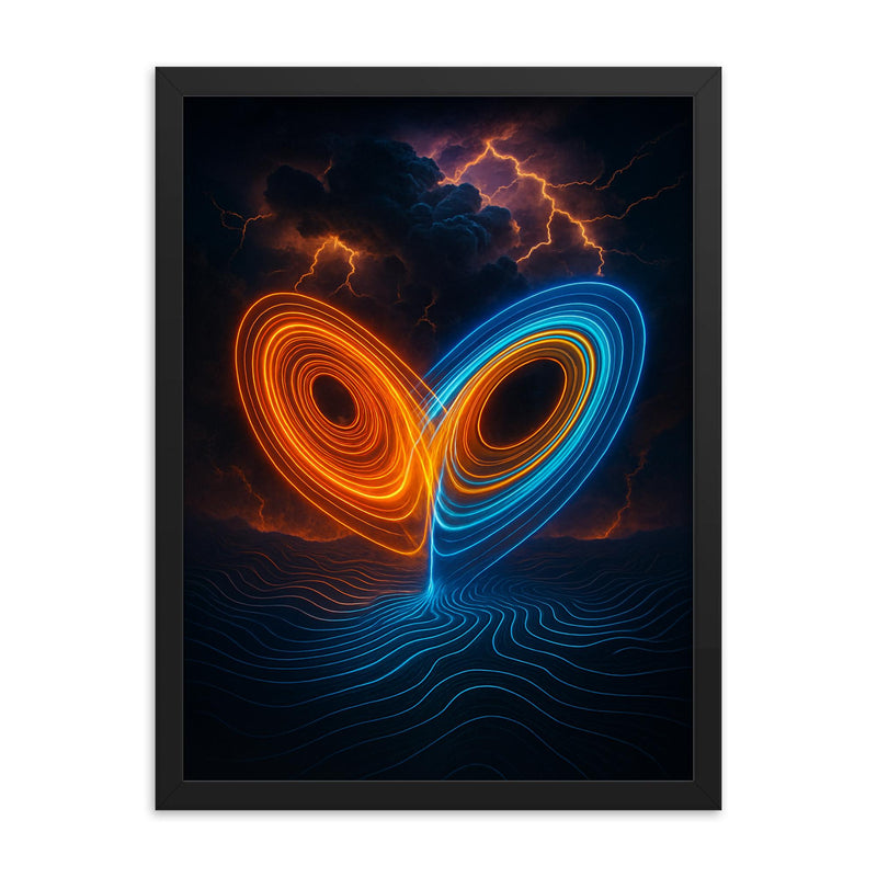 Lorenz attractor over thunderstorm topology lines framed print on a plain backdrop in size 18