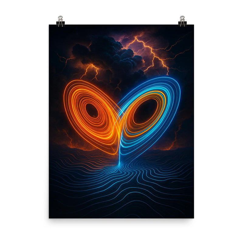 Lorenz attractor over thunderstorm topology lines poster on a plain backdrop in size 8