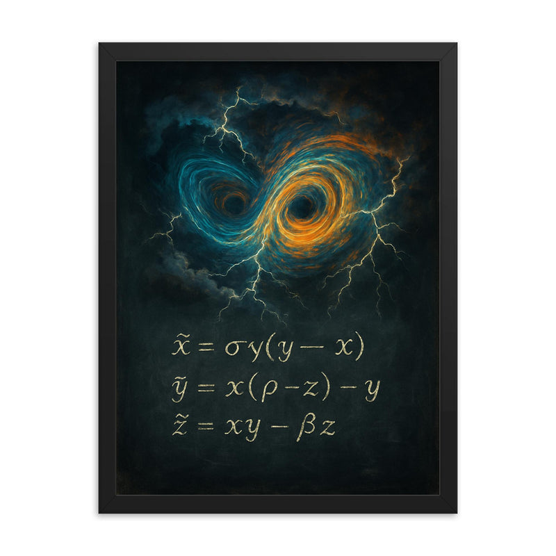 Lorenz attractor storm over blackboard framed print on a plain backdrop in size 18